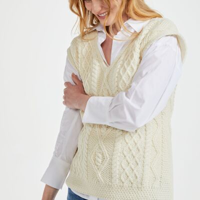 Gilet da donna in 100% lana - Gilet da donna - Maglia a V con scollo a V Currany Aran - Maglieria - Crema