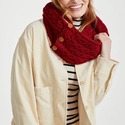 Écharpe unisexe 100 % laine – Écharpe snood Kilmaine Aran avec boutons – Rouge – Accessoires unisexes