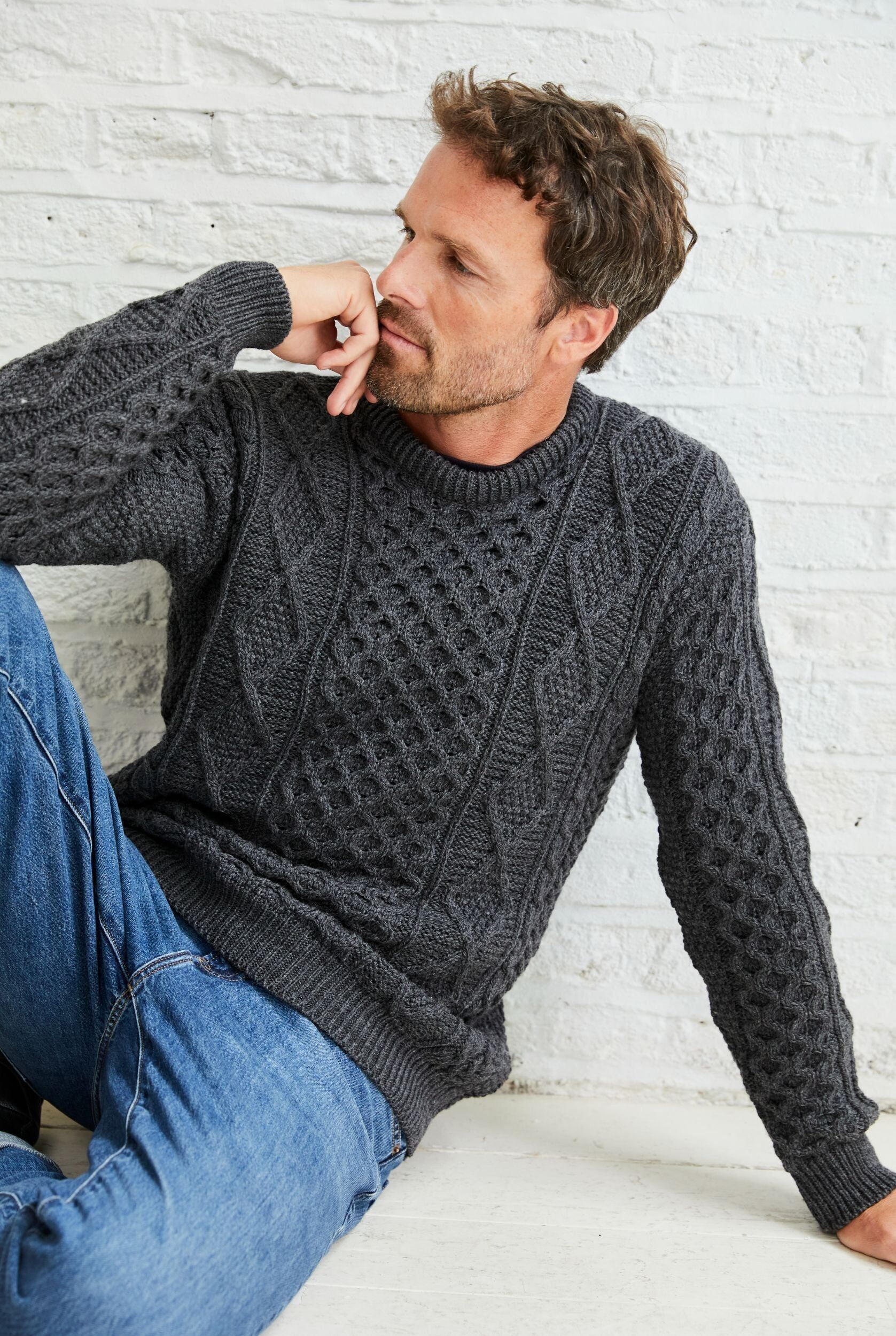 Éireann Uomo Tradizionale Aran Supersoft Maglione Merino - Grigio