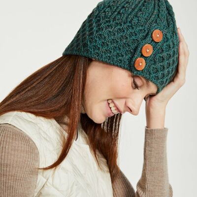 Bonnet femme 100 % laine – Bonnet Shrule Aran à pompon – Tricot Aran – Accessoires femme – Vert forêt
