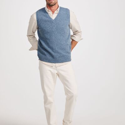 Chaleco de cuello en V Aran Nepped de Roonagh para hombre - Azul - Chaleco para hombre
