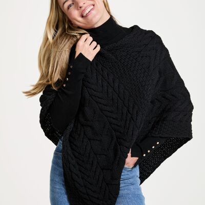 Poncho da donna in 100% lana - Poncho Aran da donna Aasleagh Falls - Maglieria Aran - Accessori da donna - Nero