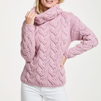 100% Wool Women's Sweater - Kinsale Ladies Cable Aran Sweater - Aran Knitwear - Pink