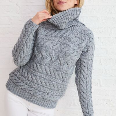 Maglione lavorato a maglia da donna in 100% lana - Maglione a trecce orizzontali Derreen Aran - Maglia Aran - Denim