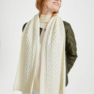 Écharpe unisexe 100 % laine – Écharpe Aran tressée Kilconnell – Tricot Aran – Crème