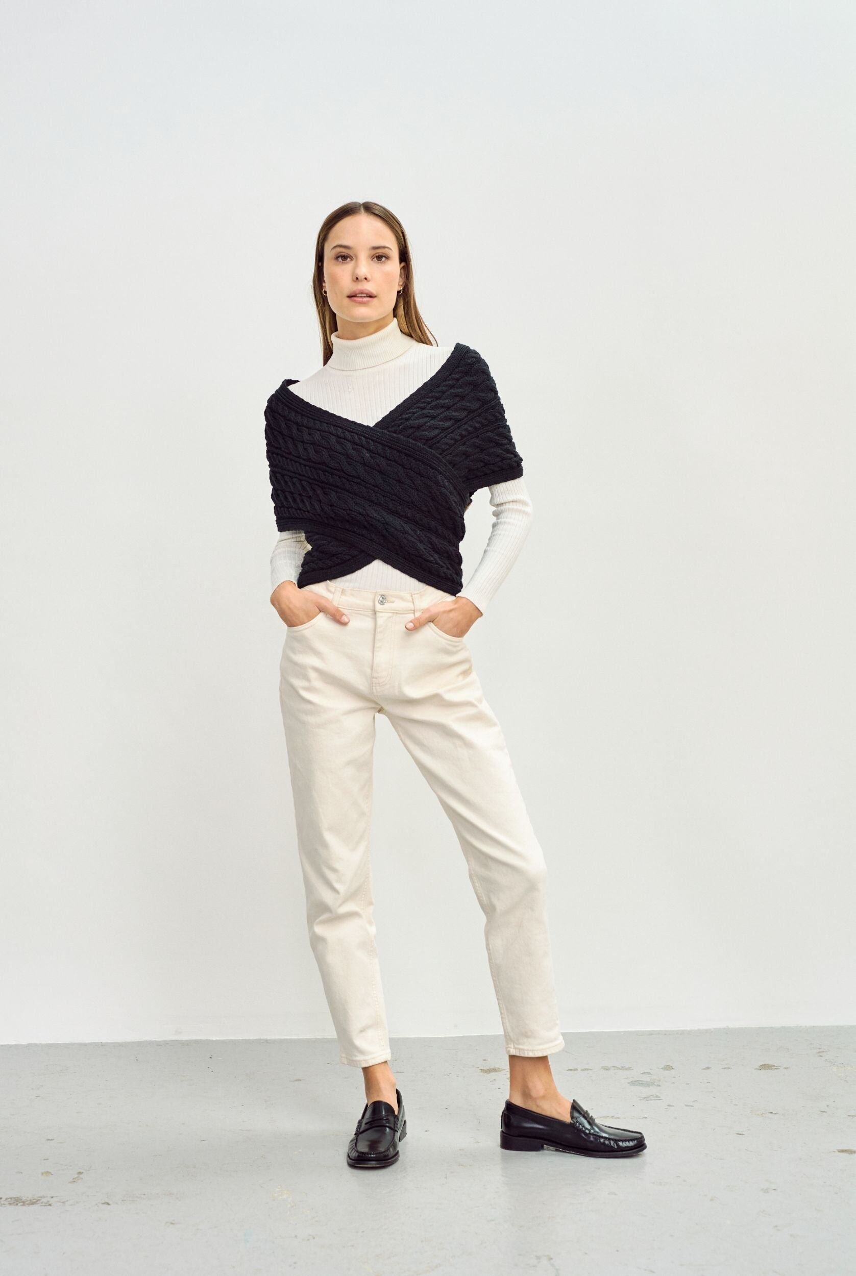 100% Wool Women's Wrap - Corrib Crossover Aran Wrap -  Aran Knit - Knitwear - Women Shawls - Women's Accessories - Black