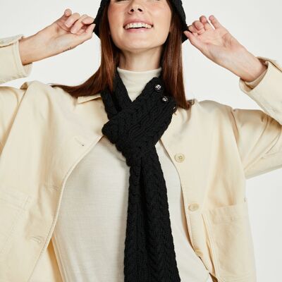 Gorro de mujer 100 % lana - Gorro Cong Aran con pompón - Prendas de punto Aran - Accesorios para mujer - Negro