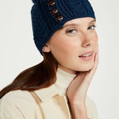 Gorro de mujer 100 % lana - Gorro Cong Aran con pompón - Prendas de punto Aran - Accesorios para mujer - Azul Atlántico