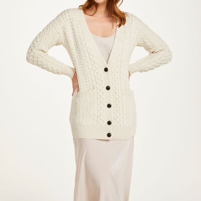 Cardigan da donna in 100% lana - Cardigan boyfriend Delphi Aran - Maglia Aran - Crema