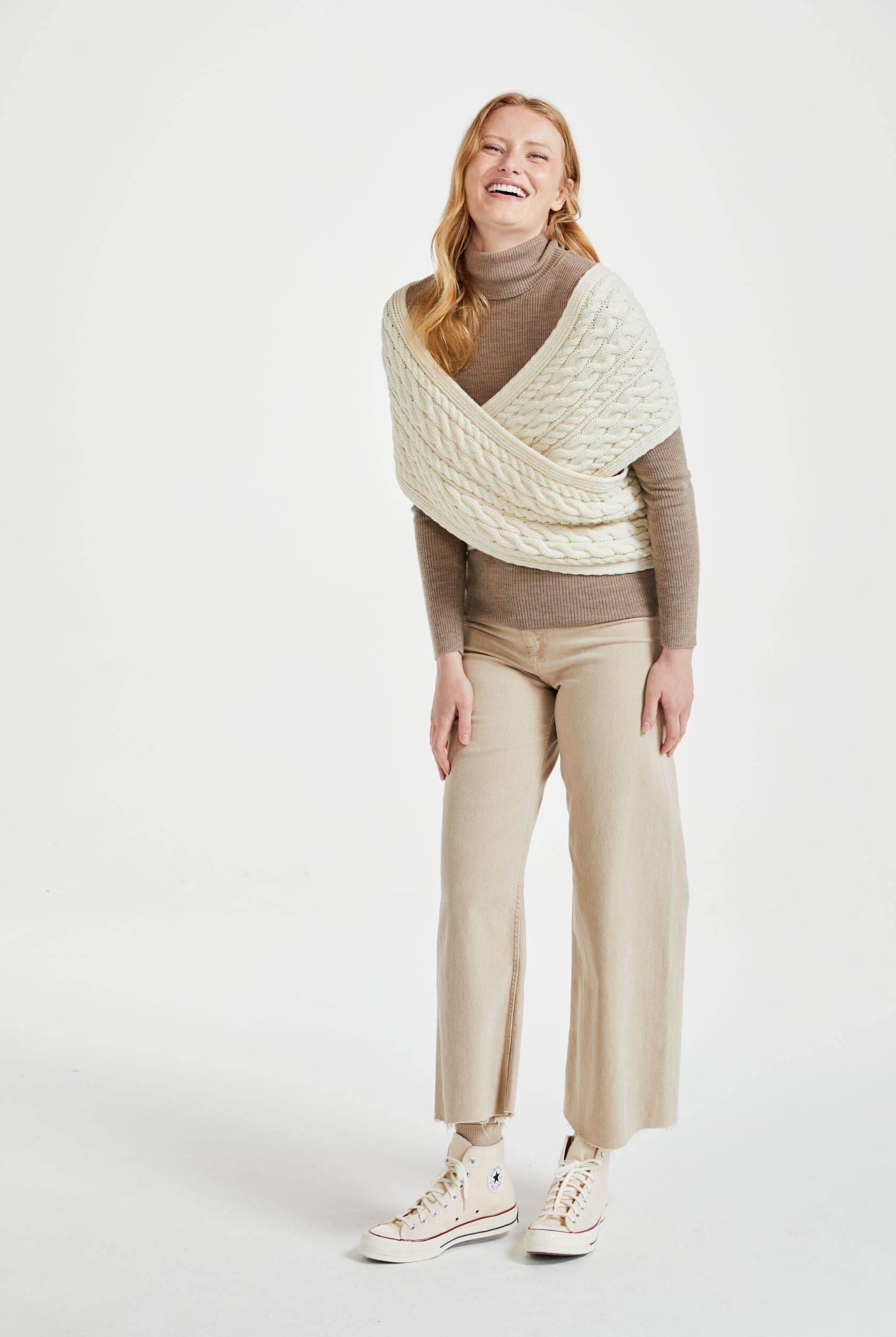 100% Wool Women's Wrap - Corrib Crossover Aran Wrap -  Aran Knit - Knitwear - Women Shawls - Women's Accessories - Cream