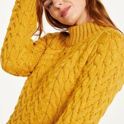 Suéter de mujer 100 % lana - Suéter de cuello redondo Aran para mujer de Knightstown - Prendas de punto Aran - Amarillo