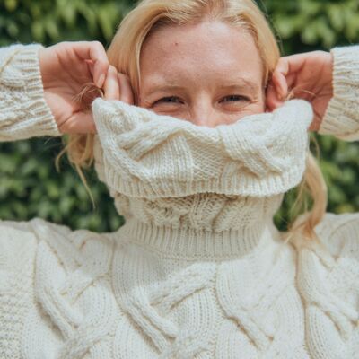 Suéter de mujer 100 % lana - Suéter de punto trenzado Kinsale para mujer - Tejido de punto Aran - Crema