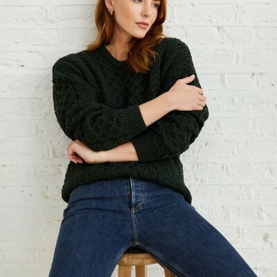 Suéter tradicional de lana 100 % para mujer - Inisheer - Suéter Aran para mujer - Verde bosque