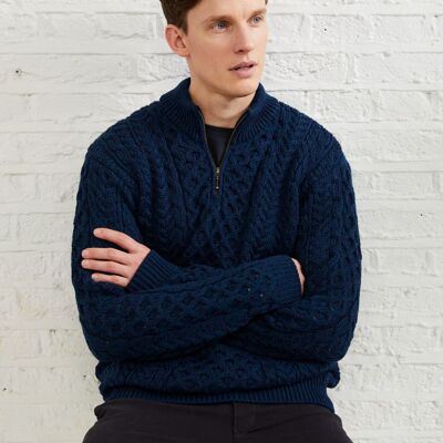 Pull homme 100 % laine – Pull demi-zippé Ballycroy Aran pour homme – Tricot Aran – Pull homme – Atlantic