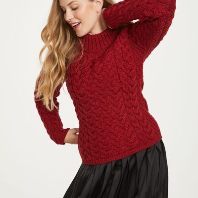 Maglione da donna in 100% lana - Maglione da donna Knightstown Aran Crew - Maglieria Aran - Rosso