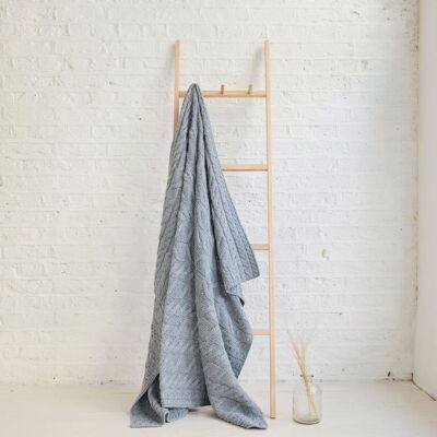 100% Wool Blanket - Silver Strand Supersoft Aran Cable Throw - Ocean Grey