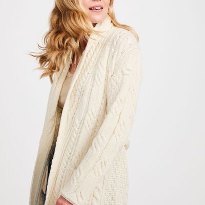 Cárdigan de mujer 100 % lana - Cárdigan de cuello aran Sheeffry Shawl - Punto aran - Crema