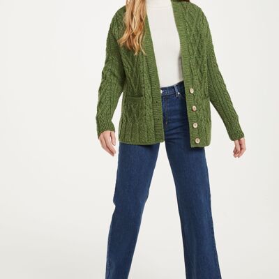 100% Wool Women's Cardigan - Valentia Trellis Aran Cardigan - Aran Knit - Green