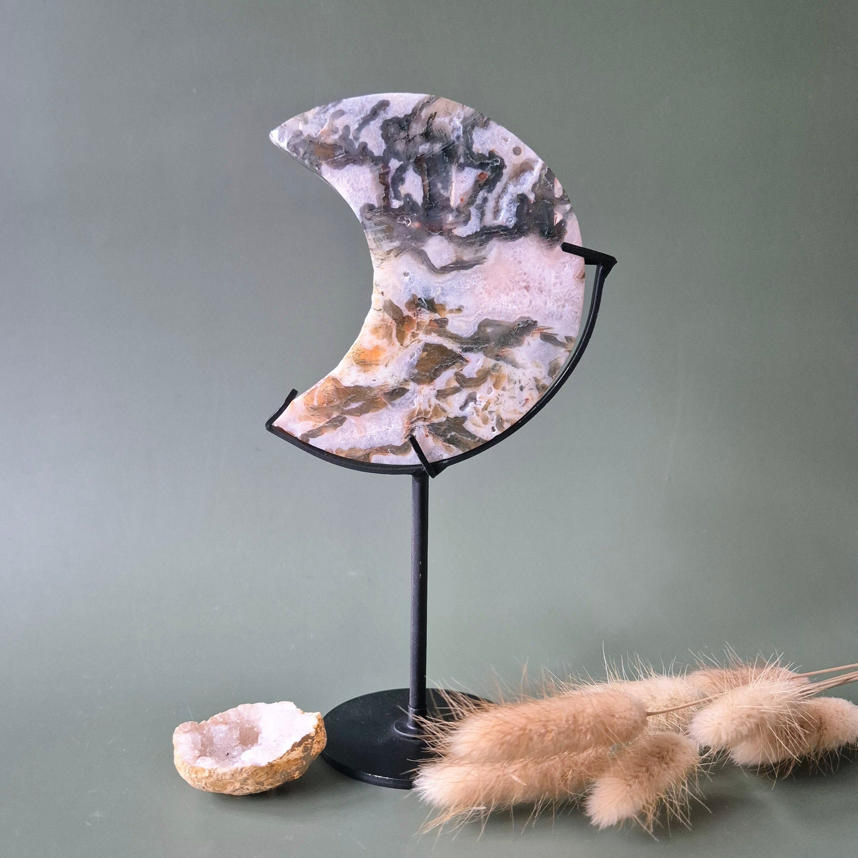 Roter Druzy Moosachat Mond (10-12 cm) auf Ständer – #12