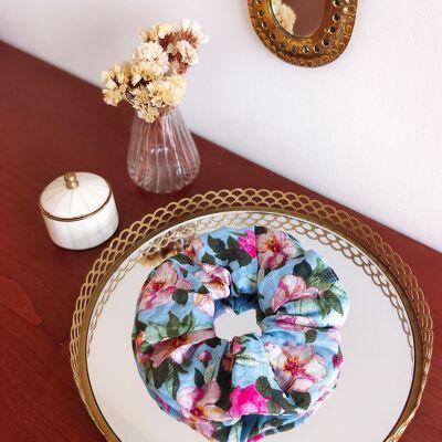 Chouchou AMELIA / polyester imprimé floral bleu, rose fushia et vert