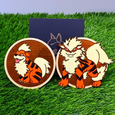 Wooden Colorful Pokémon Coasters, Growlithe, Arcanine, Anime Geek, Nerd Housewarming