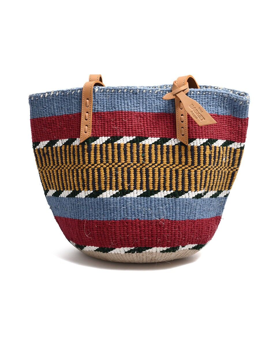 MKONO: Borsa tote in lana intrecciata a mano blu, marrone, bianco, verde e giallo