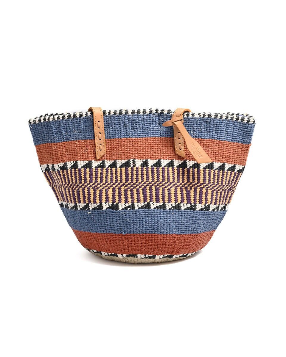 MPIRA: Borsa tote in lana intrecciata a mano blu, marrone, viola e gialla