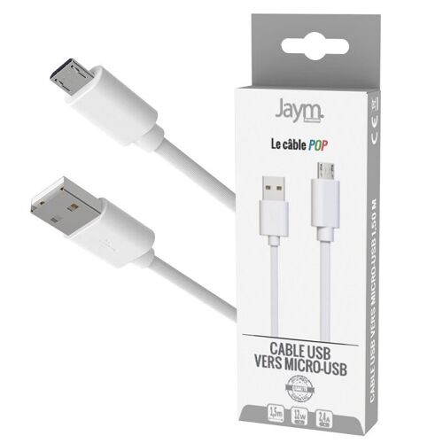 CABLE CHARGE & SYNCHRO USB-A VERS MICRO-USB - LONGUEUR 1.5M - BLANC - JAYM® COLLECTION POP - JMPOPCABLE032