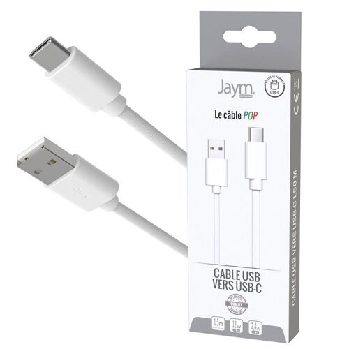 CABLE CHARGE & SYNCHRO USB-A VERS USB-C - LONGUEUR 1.5M - BLANC - JAYM® COLLECTION POP - JMPOPCABLE036