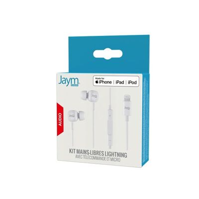 KIT PIETON ECOUTEURS INTRA-AURICULAIRE LIGHTNING (MFI) + TELECOMMANDE + MICRO BLANC - JAYM® - JMKP004