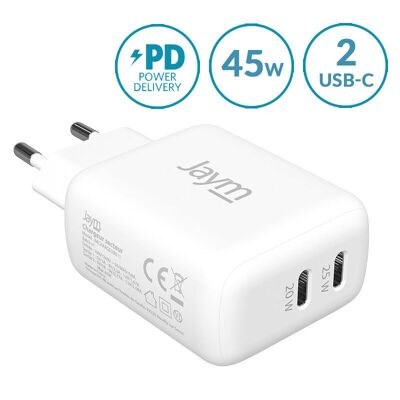 CARGADOR RÁPIDO USB-C 45W PD Y PPS AC DUAL (USB-C PD 20W + USB-C PD 25W) BLANCO - JAYM®** - JMCHARGEUR011