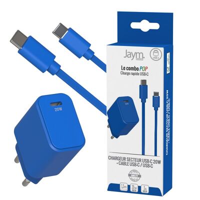 CARICABATTERIE DA RETE USB-C PD 20W + CAVO DA USB-C A USB-C 1.5M - BLU COBALTO - JAYM® POP - JMPOPCOMBO031