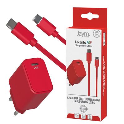 CARICABATTERIE DA RETE USB-C PD 20W + CAVO DA USB-C A USB-C 1.5M - ROSSO 'EDIZIONE ROSSA' - JAYM® POP - JMPOPCOMBO032