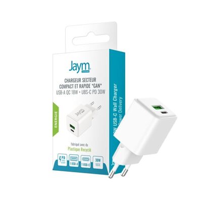 CARICABATTERIE AC COMPATTO E VELOCE *GAN* DOPPIA USB: USB-A 18W QC + USB-C 30W PD E PPS *CERTIFICATO GRS* - JAYM® - JMCHARGEUR025