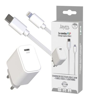 PACK USB-C PD 20W MAINS CHARGER + USB-C TO LIGHTNING 1 CABLE.5M - WHITE - JAYM® POP - JMPOPCOMBO033