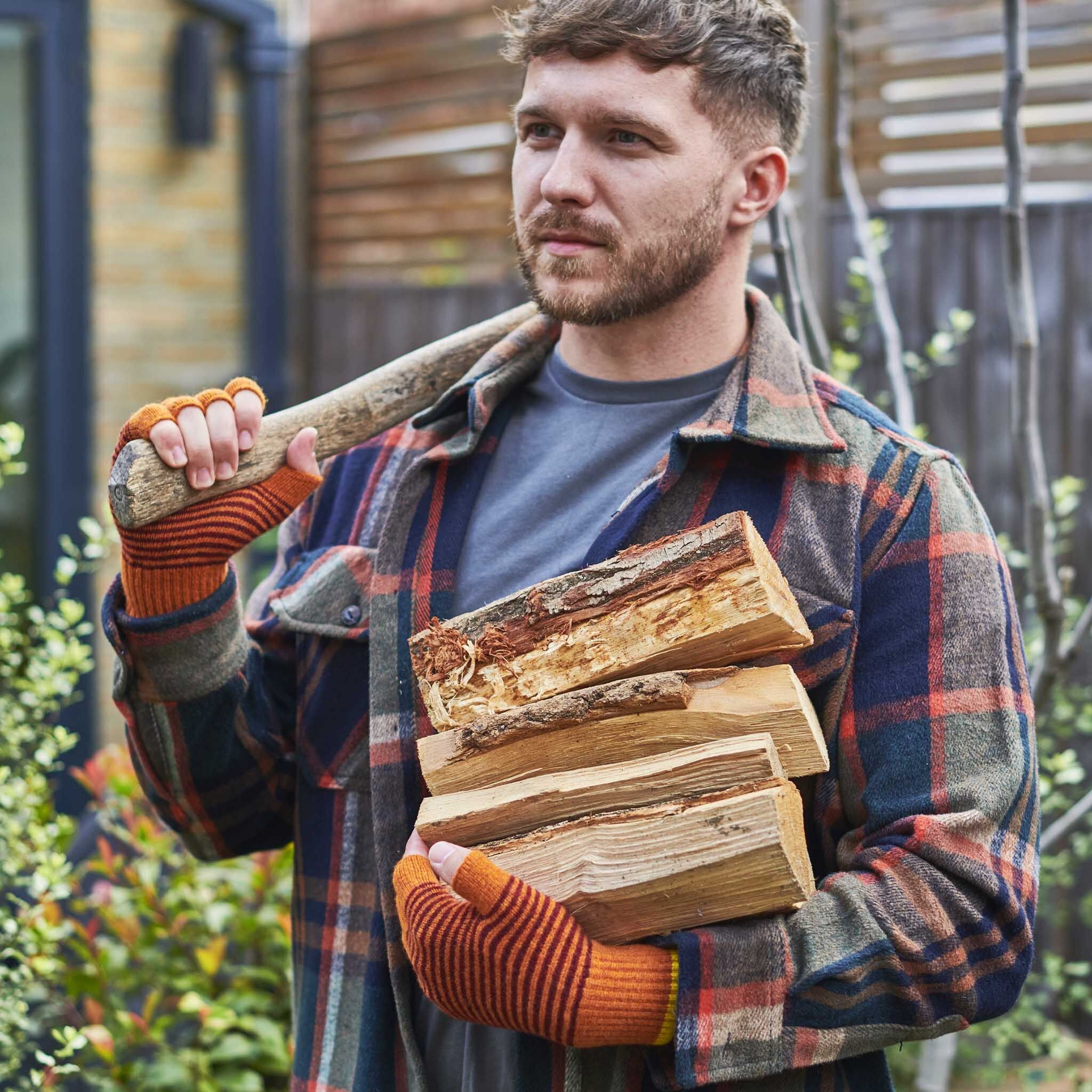 GUANTI SENZA DITA - lana d'agnello - rigato - ruggine