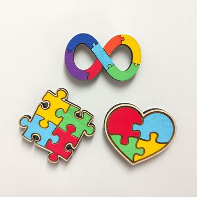 Magneti in legno per la consapevolezza dell'autismo, puzzle, infinito, cuore, simbolo dello spettro autistico