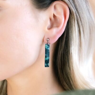 Dark Green Tortoise Shell Small Strip Dangle Earrings