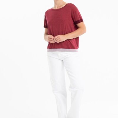 Camiseta de cuello redondo tricolor de cachemira ultrafina y lana roja - KELLY 8