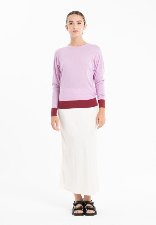 Pull col rond oversize ultrafin cachemire et laine lavande/rouge femme - KELLY 3