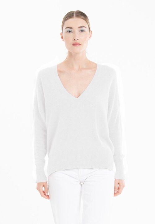 Pull col V oversize ultrafin cachemire et laine blanc femme - KELLY 10