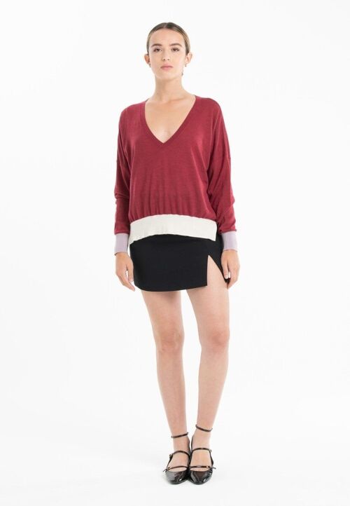Pull col V oversize ultrafin cachemire et laine rouge femme - KELLY 10
