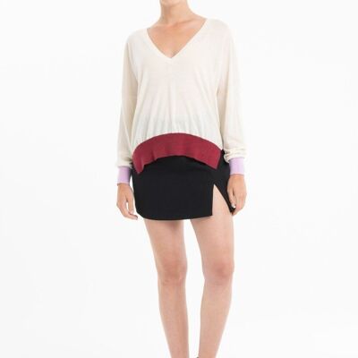Maglione oversize da donna con scollo a V in cashmere e lana ultra-fine color lavanda, bianco e rosso - KELLY 10
