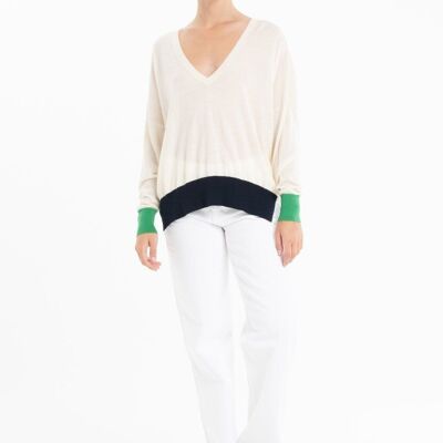 Women's ultra-fine cashmere and wool oversized V-neck sweater in white, green, blue - KELLY 10
