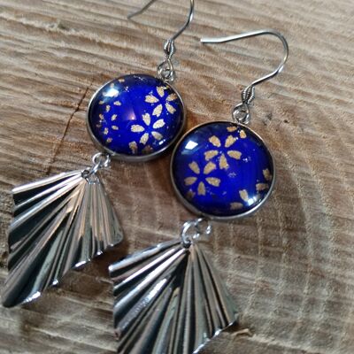 Boucles d'oreilles cabochons ronds 16mm - Acier inoxydable - papier japonais floral doré et bleu - breloque losange