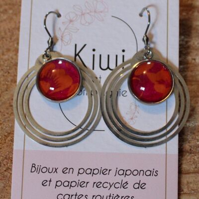 Orecchini cabochon rotondi da 12 mm - Metallo argentato - fiori arancioni, sfondo rosa