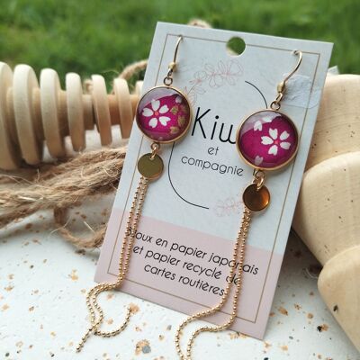 Boucles d'oreilles  - Cabochons 16mm - Acier inoxydable doré - Papier japonais floral framboise, blanc et doré