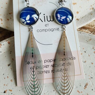 Pendientes de cabujón redondo de 16 mm - Acero inoxidable - Papel japonés azul mariposa