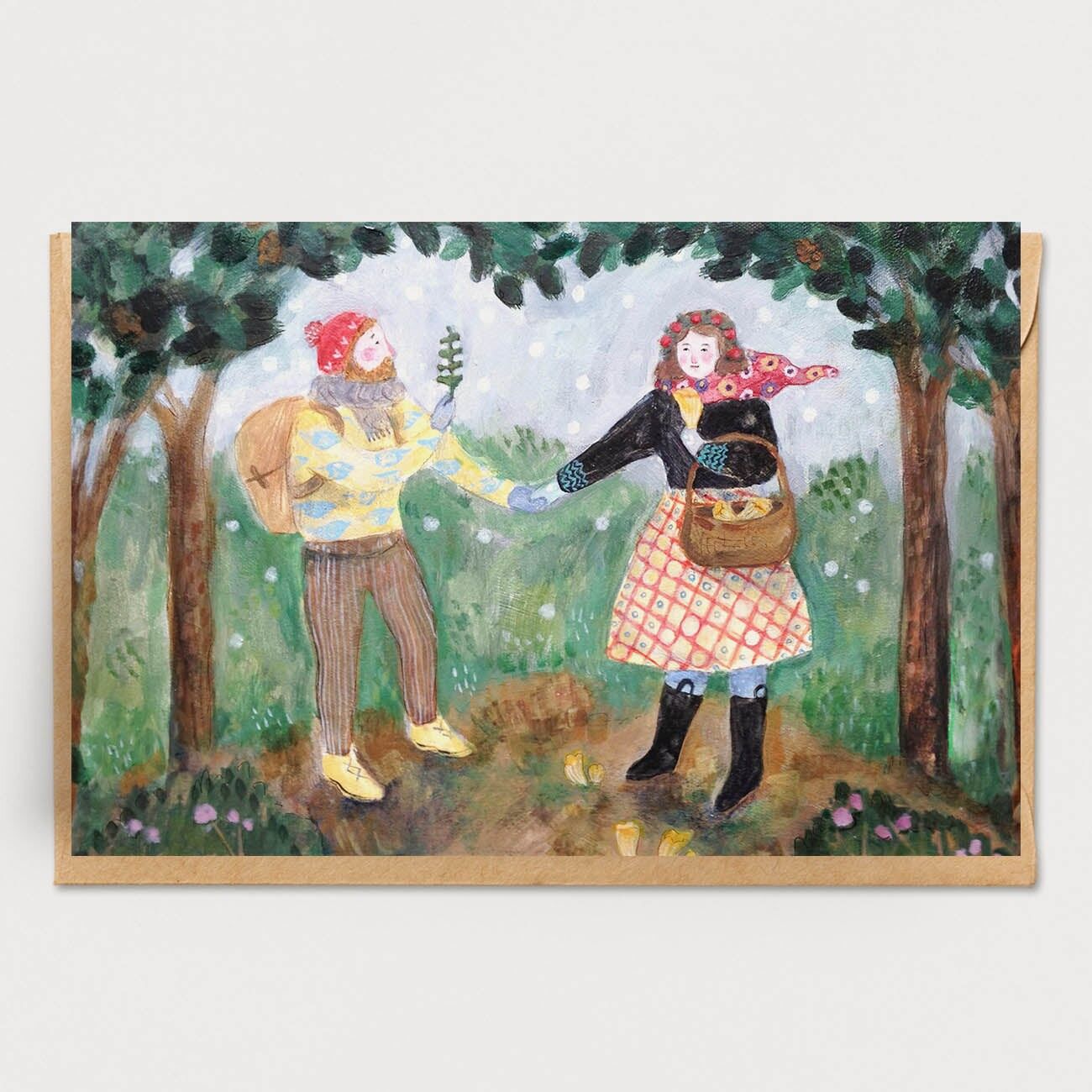 Carta di ricerca di cibo in un bosco innevato