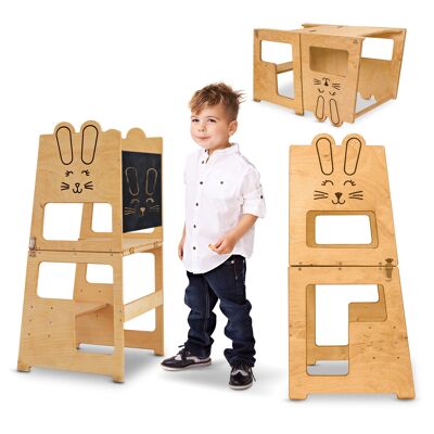 Montessori Torre Trasformabile Aiutante con Sgabello e Tavolo "Bunny"